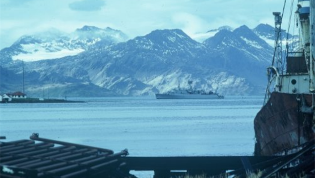 HMS Antrim at anchor in Grytviken Harbour, South Georgia