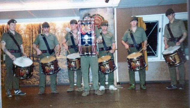Scots Guards drummers - Graham Hopewell far left Drumming with the Scots Guards (Graham on the far left)