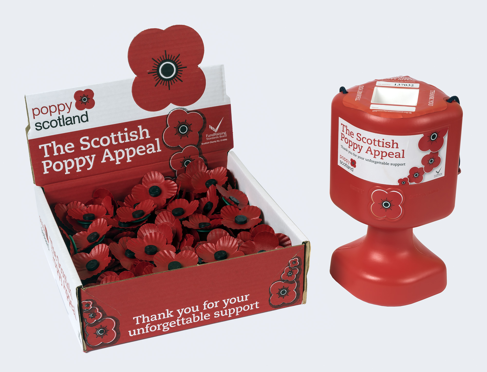 Scottish Poppy Appeal collecting tin and box of poppies c.2016.