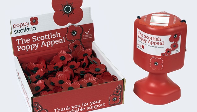 Scottish Poppy Appeal collecting tin and box of poppies c.2016.
